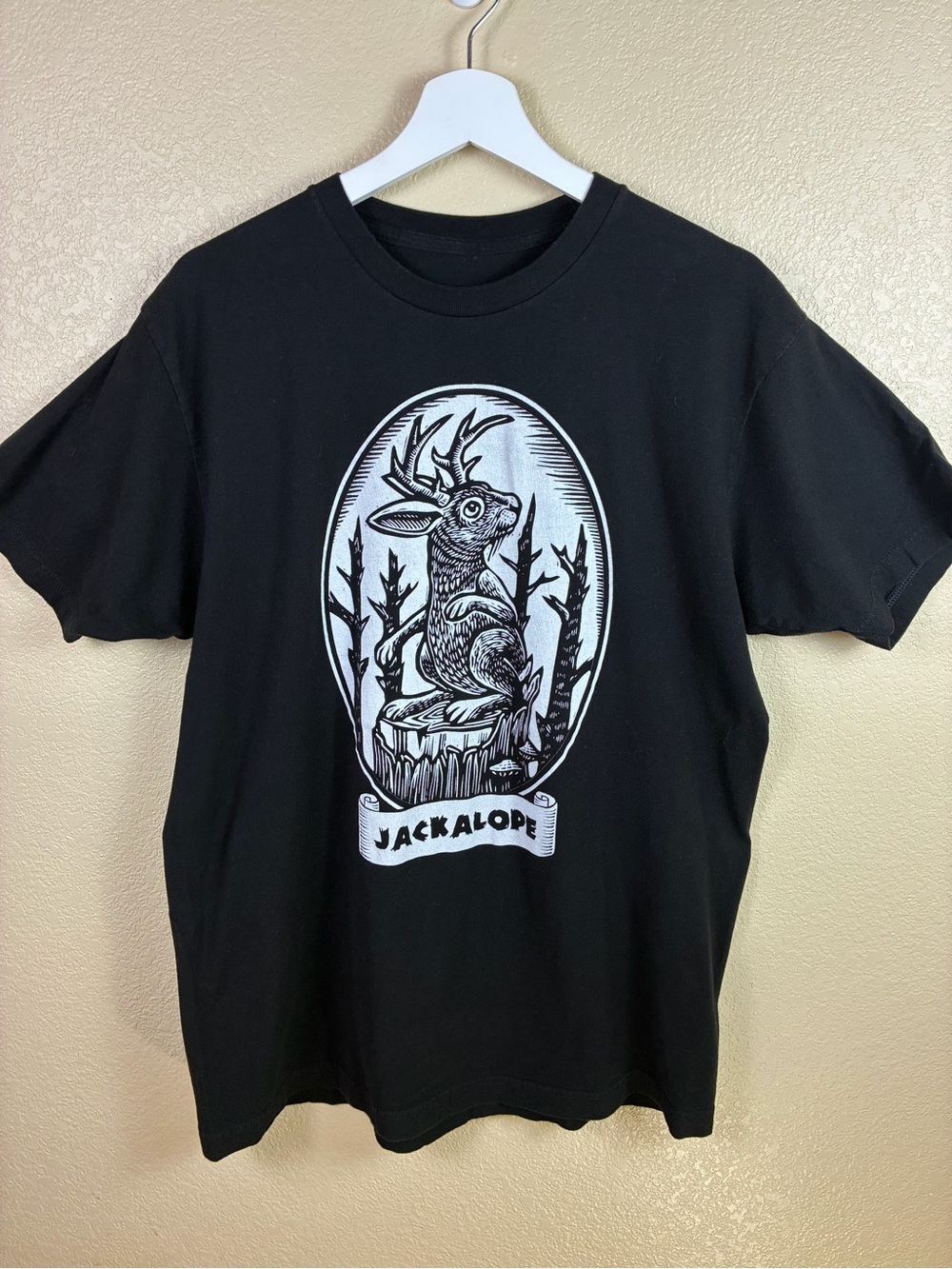 Black Matter Black Short Sleeve Cotton Tee with White Jackalope Graphic